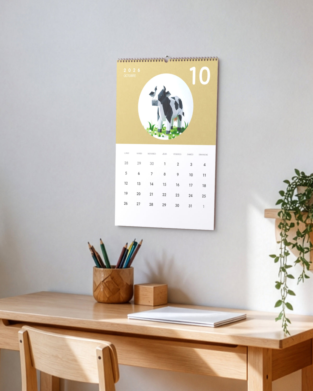 Calendrier accroché au-dessus d'un bureau d'enfant en bois clair, à côté d'un pot à crayons et d'une plante retombante, ouvert sur octobre : une vache en papier plié sur fond moutarde.