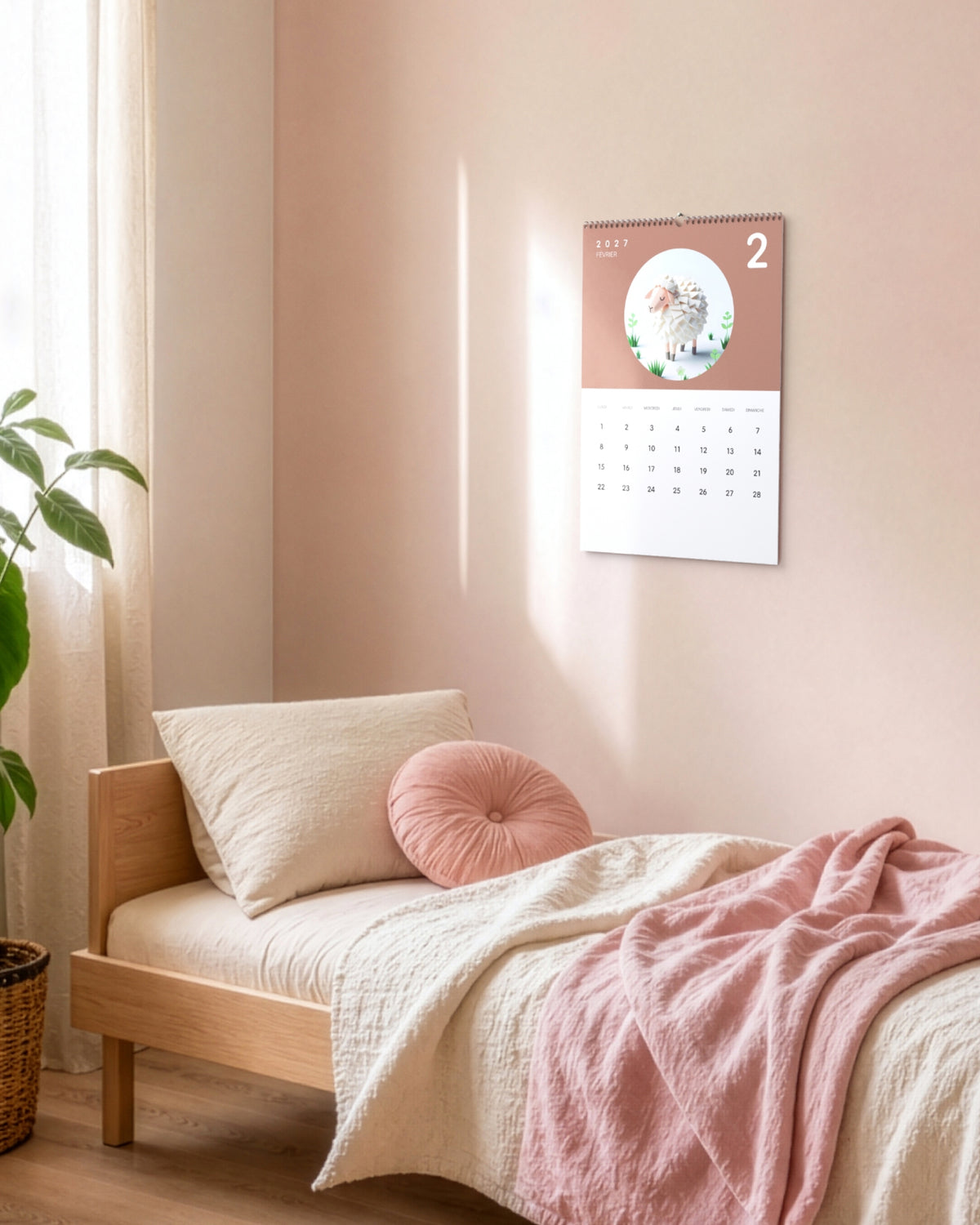 Calendrier accroché au mur d'une chambre d'enfant, au-dessus d'un lit aux draps roses, ouvert sur février : un mouton en papier plié sur fond terracotta.