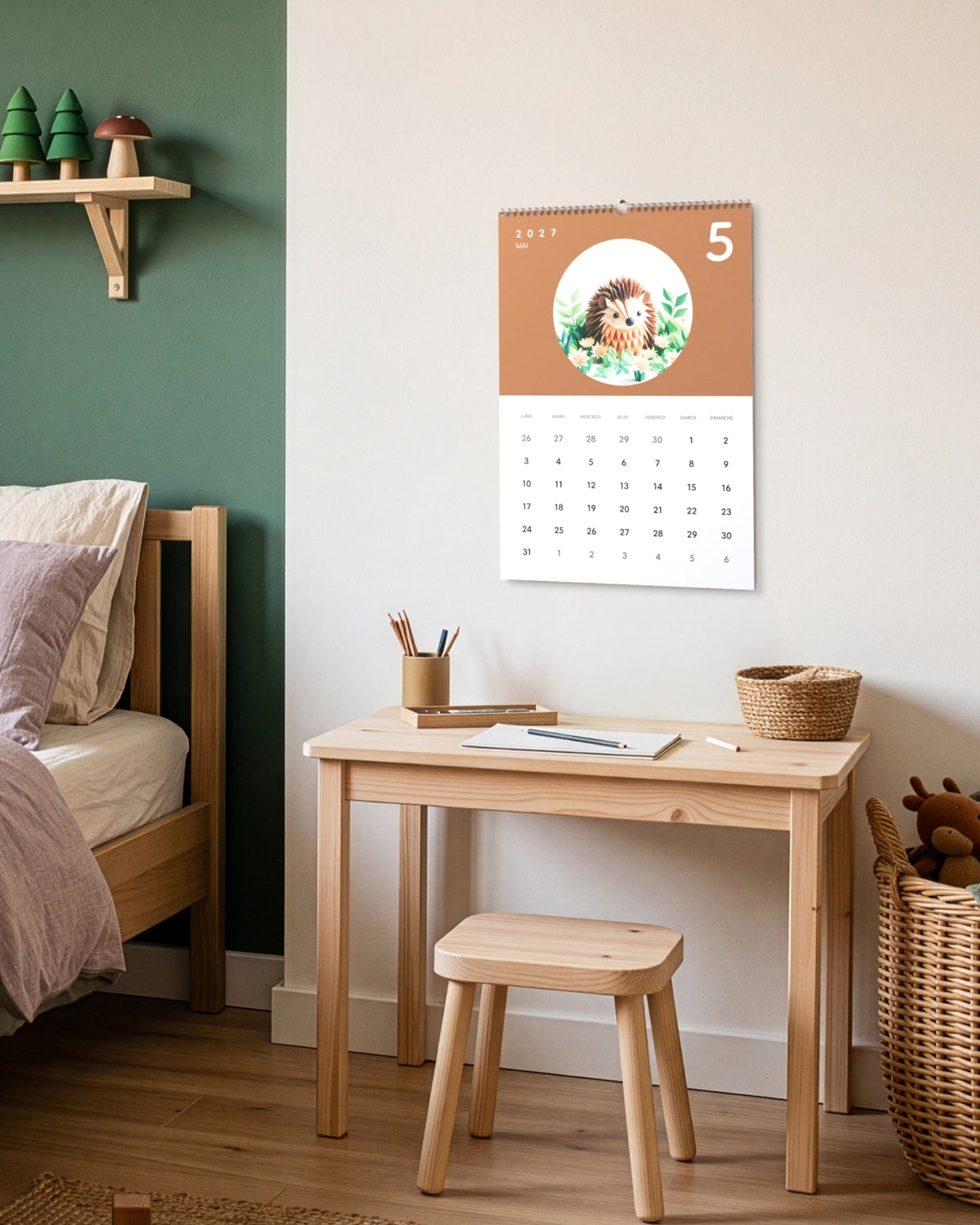 Calendrier accroché au-dessus d'un petit bureau d'enfant en bois, près d'un tabouret et d'un panier en osier, ouvert sur mai : un hérisson en papier plié sur fond terracotta.