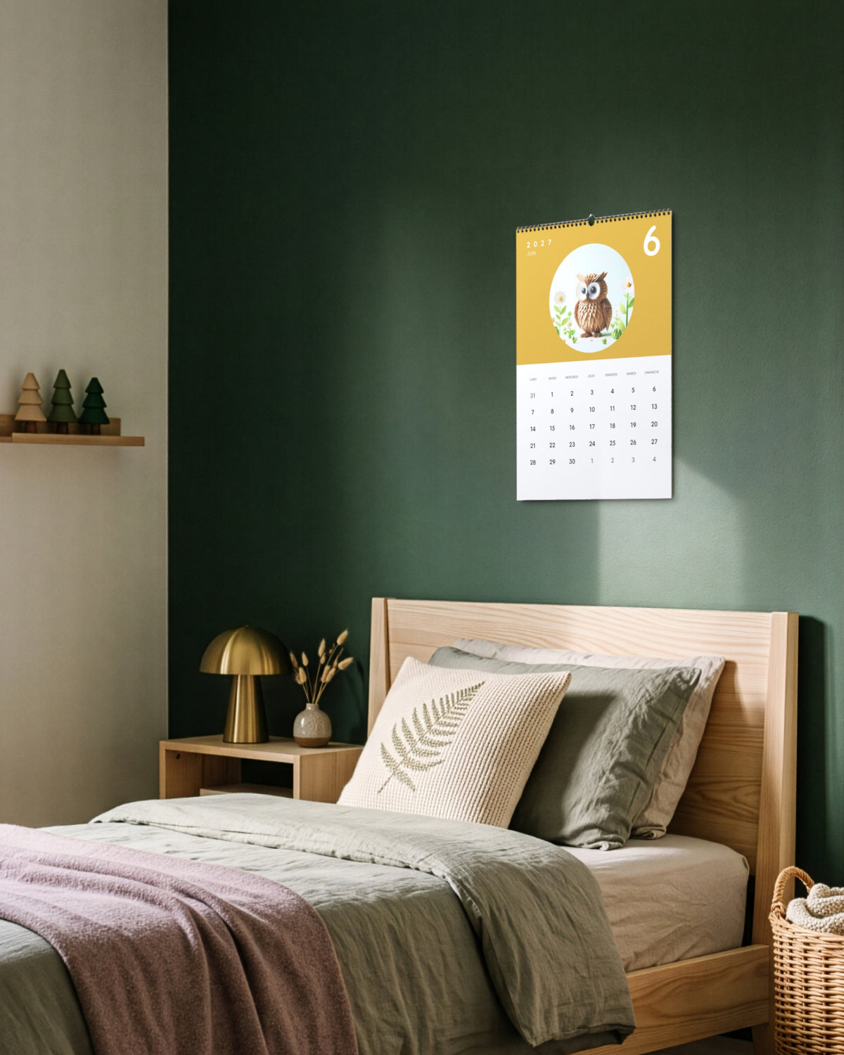Calendrier accroché au mur vert d'une chambre d'enfant, au-dessus d'un lit en bois clair et d'une lampe champignon dorée, ouvert sur juin : un hibou en papier plié sur fond moutarde.