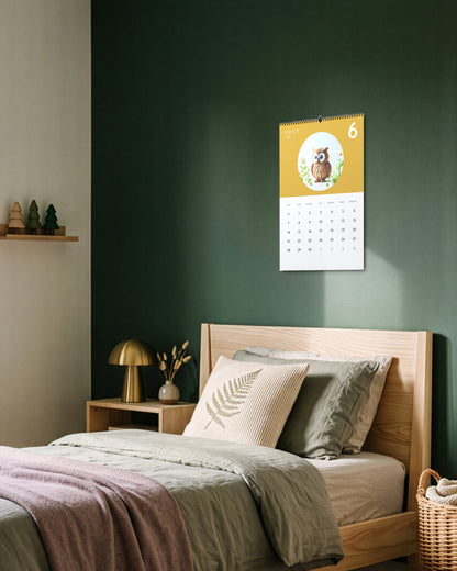 Calendrier accroché au mur vert d'une chambre d'enfant, au-dessus d'un lit en bois clair et d'une lampe champignon dorée, ouvert sur juin : un hibou en papier plié sur fond moutarde.