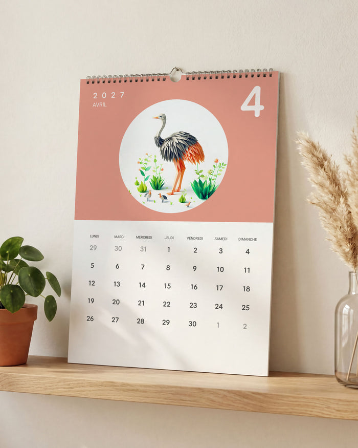 Calendrier posé sur une étagère en bois clair, ouvert sur avril : une autruche en papier plié sur fond rose saumon, entre une plante verte et un vase d'herbe de la pampa.
