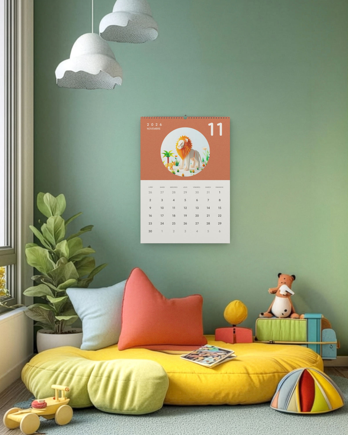 Calendrier accroché dans un coin lecture d'enfant, au-dessus d'un grand coussin jaune, ouvert sur novembre : un lion en papier plié sur fond terracotta.